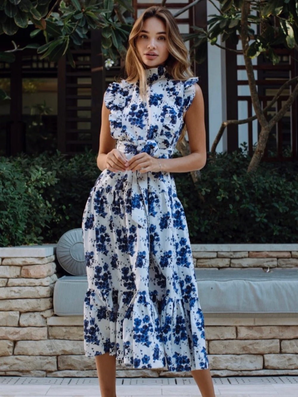 Sleeveless Blue Floral Midi Dress with Tie Waist